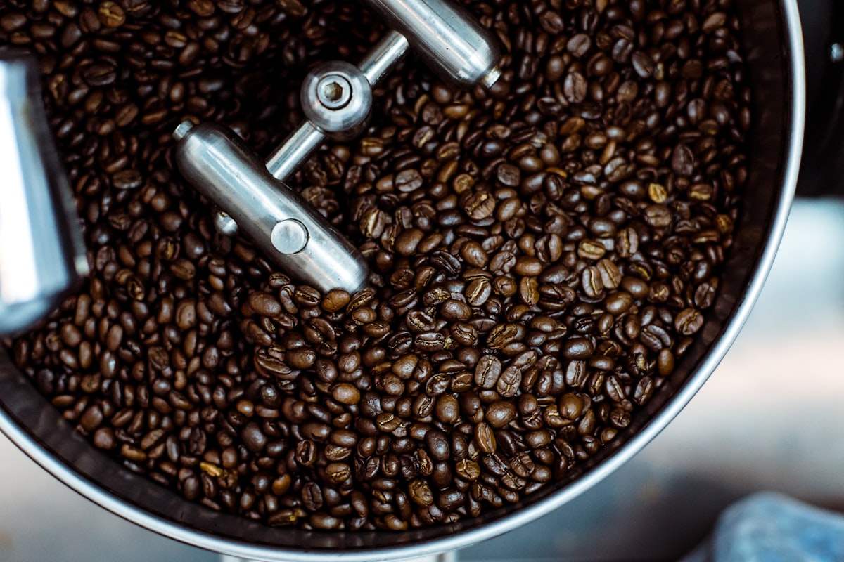 Frisch geröstete Kaffeebohnen von oben im Kühlsieb der Rösttrommel, warme Karamell- und Espressotöne