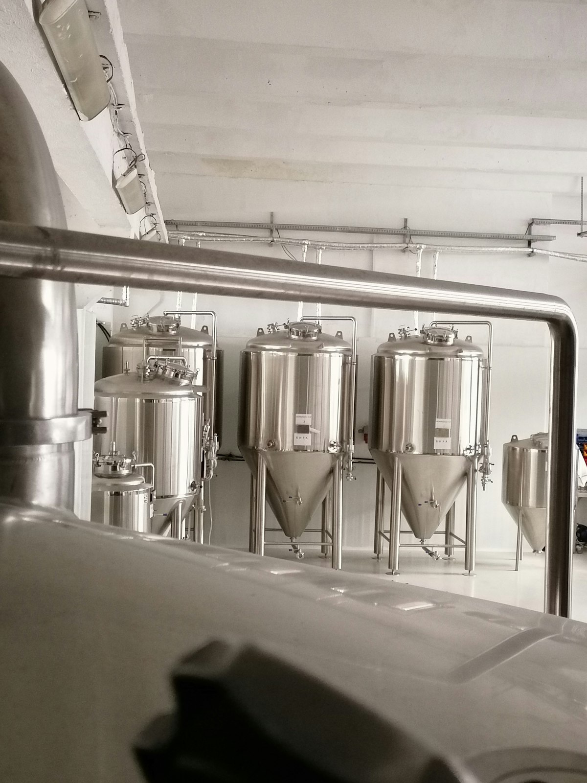 Reihe konischer Edelstahl-Gärtanks an der Wand der Brauerei